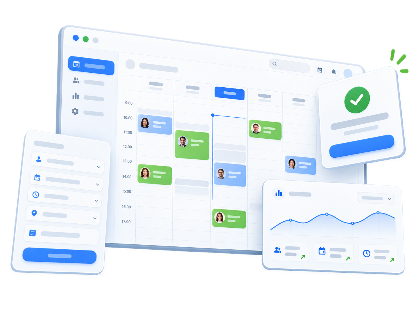 Scheduling dashboard with calendar, analytics, and booking confirmation